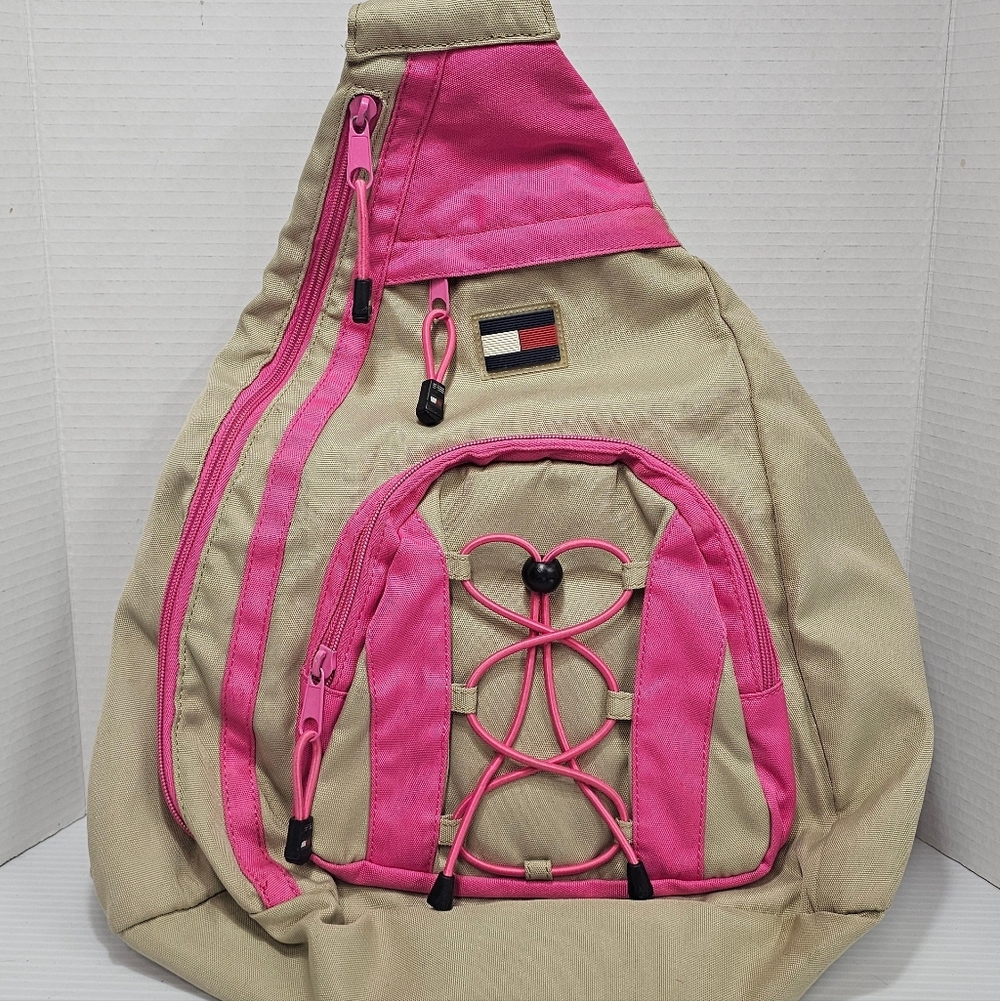 Tommy Hilfiger Beige and Pink Sling Backpack with Front Bungee